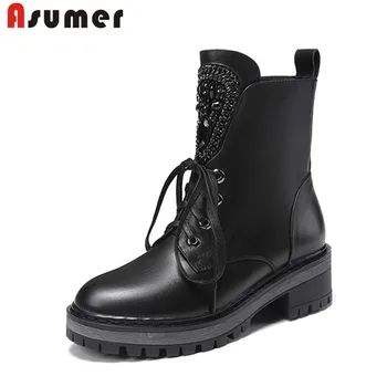 

ASUMER 2020 new ankle boots round toe genuine leather boots women round toe platform autumn winter motorcycles boots womens