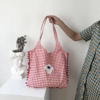 

2020 new female bag canvas bag red check shopping bag small flower print small fresh cute pattern