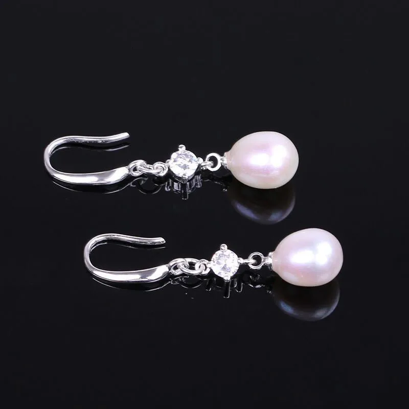 8/10/12mm cultured natural freshwater drop pearl earrings with sterling silver dangling,pearl jewelry for women