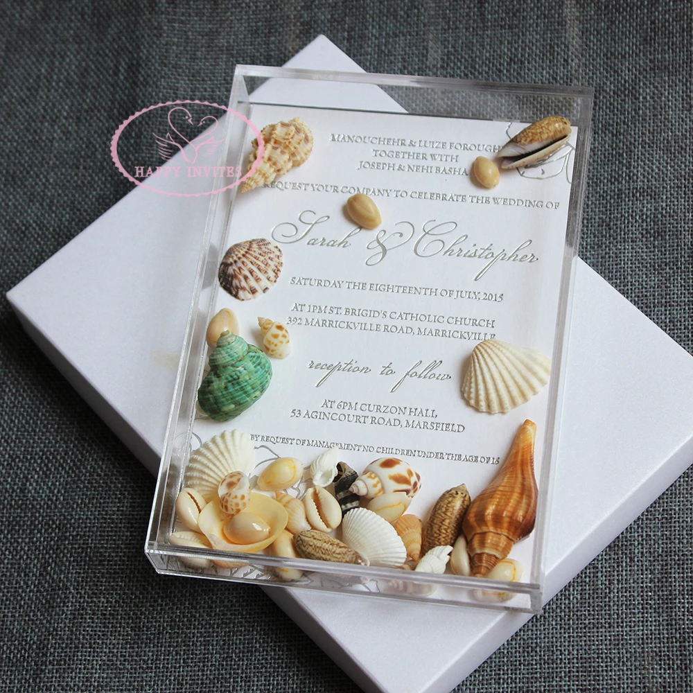 HI4082-01 Fantastic Acrylic Box Invitation with Natural Shellfishes Conches for Beach Wedding Factory Price Made in China