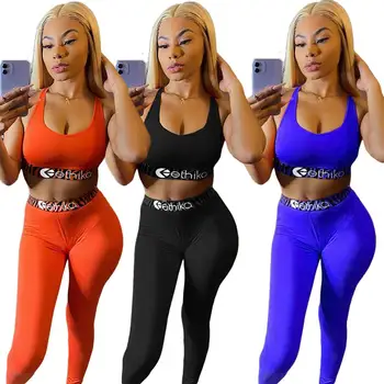

Summer Sexy 2 Piece Sets Women sleeveless sports bra vest crop top and leggings active wear outfits skinny Long Pants Set