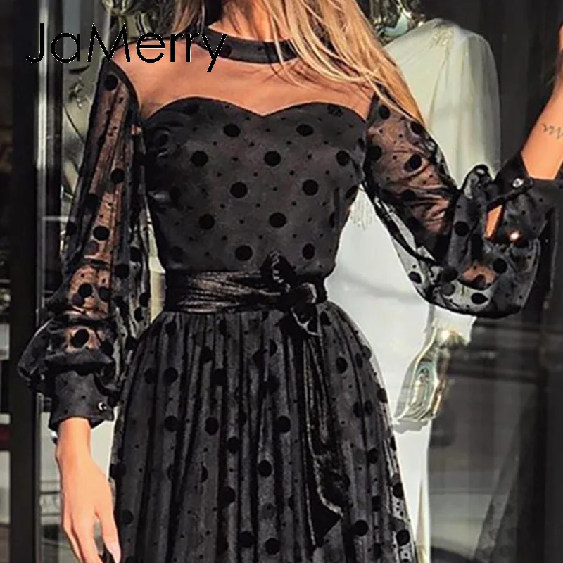 JaMerry Hollow out polka dot lace dress women Mesh Through party dress Ladies elegant sash summer spring black dress Vestidos