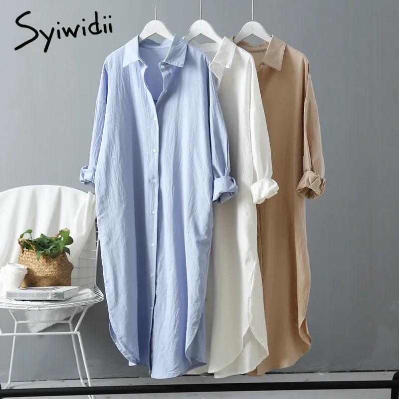 Dress Cotton Clothing Long-Shirt Loose White Korean Fashion Plus-Size Woman Syiwidii