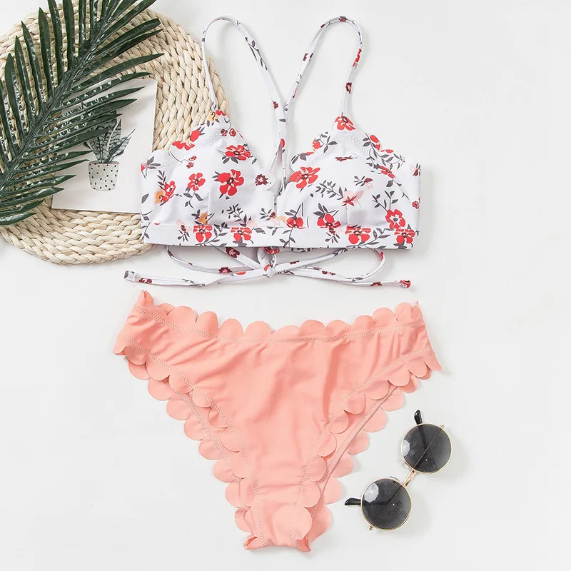 

Women Floral Bikini Set Scallop Trim Tie Back Swimsuit Two Pieces Beach Bathing Suits Swimwear Lace Up Biquinis Bathing Suits