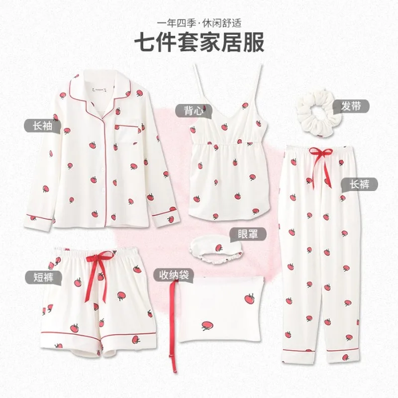 

QWEEK Pajamas Set Women 2019 Pink Pijamas Women Set Autumn Strawberry Print Pyjamas 7 Piece Long Sleeve Sleepwear Dropshipping