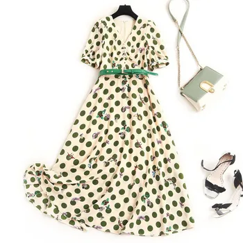 

Summer Clothes for Women 2020 New Fashion Designer Short Sleeve Dress Lady Elegant Dot Print Midi Aline Dresses with Belt