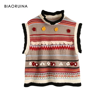 

BIAORUINA Women's Sleeveless Floral Embroidert Striped Sweet Knit Vest Female Fashion O-neck Sweater Autumn New Arrival