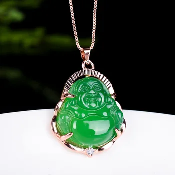 

Natural Chalcedony 925 Silver Buddha Pendant Jewelry Fine Jewelry Silver Inlaid Green chalcedony Necklace Pendant Christmas Gift