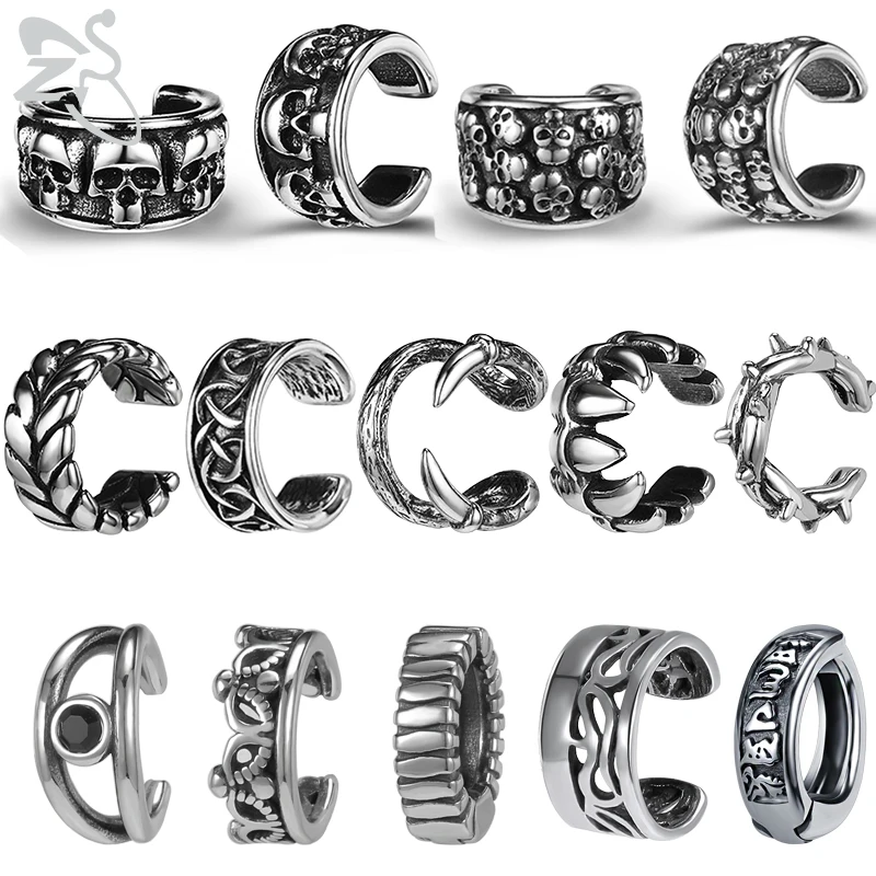 ZS 2PCS Skull Eye Punk Style Ear Cuff For Women Men Stainless Steel Clip Earrings No Piercing Fake Cartilage Jewelry | Украшения и