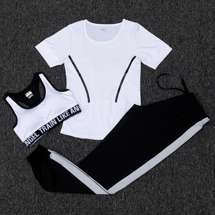 Hot sale women quick dry yoga sets fitness gym 2/3 piece set t shirt+bra+pants outdoor sports running clothes training suit sets - Цвет: 3 piece set i