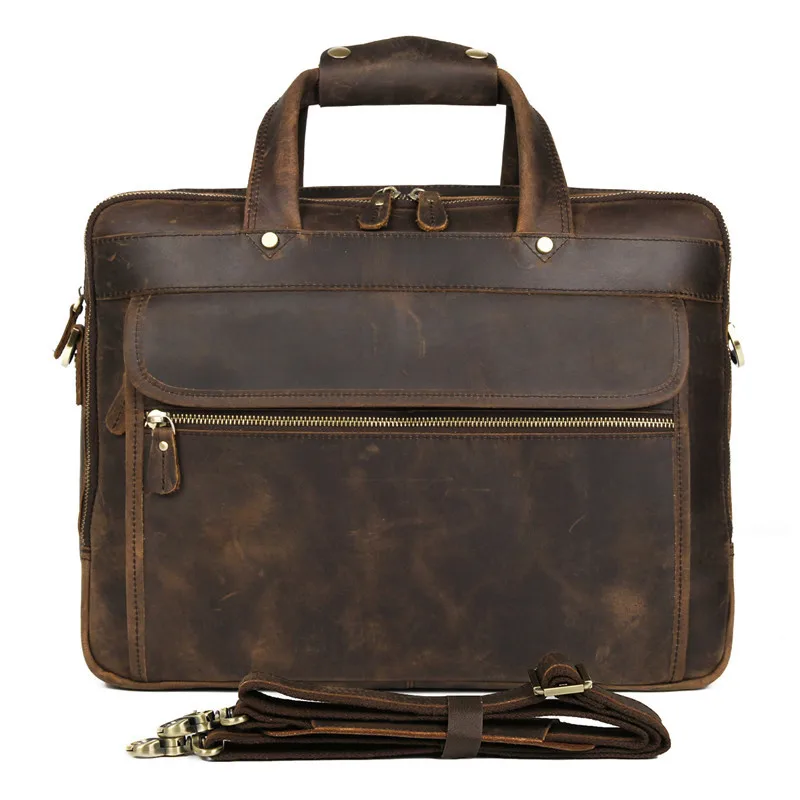 Винтажный толстый портфель из натуральной кожи, мужские сумки из кожи Crazy Horse, 15,6 дюймов, сумка для ноутбука, офисный мужской портфель
