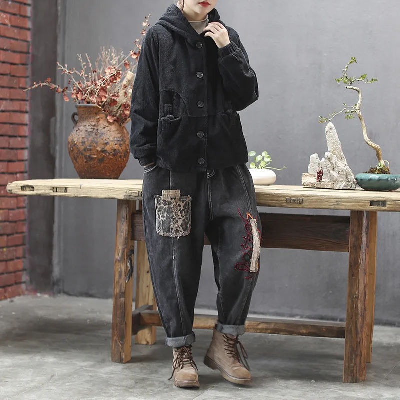 QPFJQD Ladies Autumn Winter Corduroy Jackets Vintage Loose Padded Coat Women Hooded Pocket Tops Casual All-Match Girls Clothes