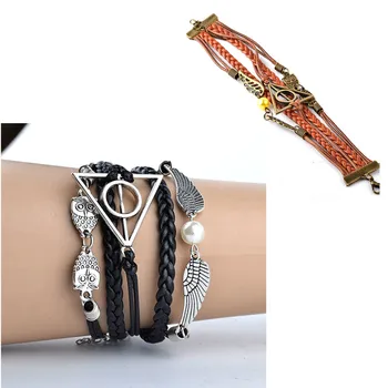 

20PCS/LOT Popular Accessories Harry Bracelets Death Hallows Hand Knit Bracelet Angel Wings Leather Strap Bracelet Red Black