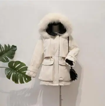 beige Натуральный Лисий мех воротник зимняя куртка женская пуховая парка белый пуховик Верхняя одежда Женская Длинная толстая теплая Свободная куртка - Цвет: beige