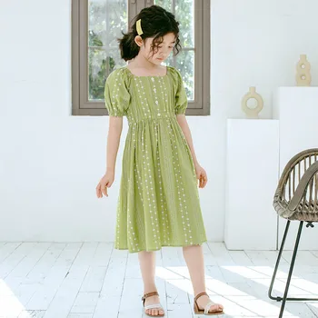 

YourSeason 2020 Summer Vintage Girls Korean Style Green Floral Dresses Short Sleeve Cute Girl Button Princess Beach Dress