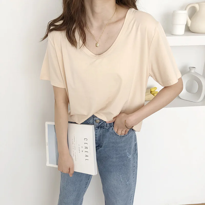 U-образный вырез Мягкая женская футболка с коротким рукавом для женщин Базовая