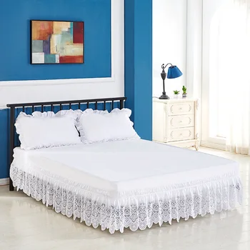 

2020 Elastic Embroidered Bed Skirt Quality Wrap Around Solid Matrress Lace Bed Skirts White Beige