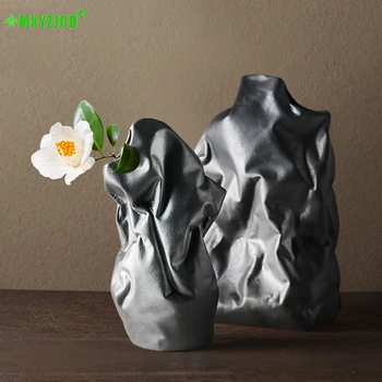 

Geometric Ceramic Vase Black And White Flower Arrangement Container Bag Sculpture Crafts Birthday Gift Home Decorations
