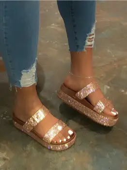 

Sequin Summer Platform Sandals Shiny Bling Sandals Shoes for Women Slip On Flat Handmade Rhinestones Casual Shoes Sandalias