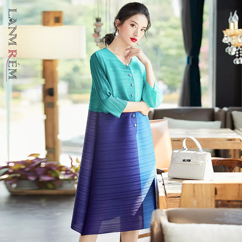 LANMREM / high quality Color block fashion pleated Dress famale 2021 Spring summer new Women's Wear Loose Big Size dresses YJ012 | Женская