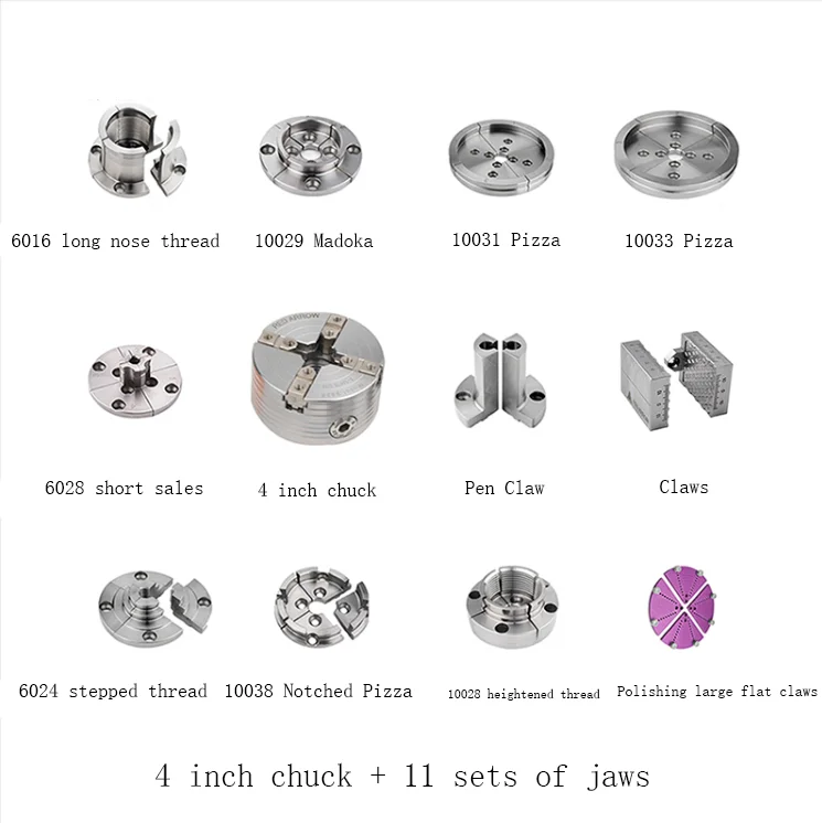 4 Inch Woodworking Chuck, M33*3.5, 1 Inch 8 Teeth, 1 1/4 Inch 8 Teeth, With 11 sets of jaws