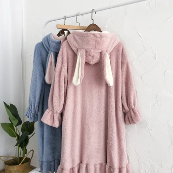 

Loose Warm Coral Fleece Nightgowns 2020 Winter Button Pockets Hooded Sleepshirts Korean Style Pockets Female Homewear