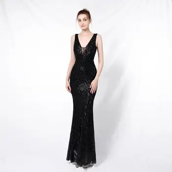 

Plus Size Formal Evening Dresses For Women Elegant Black Sequin V Neck Sleeveless Long Mermaid Party Gowns Sexy Robe Femme Dress