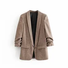 Саржевый костюм для отдыха в елочку, западный стиль, осень, стиль, плиссированные рукава, без пряжки, костюм средней длины, Женское пальто