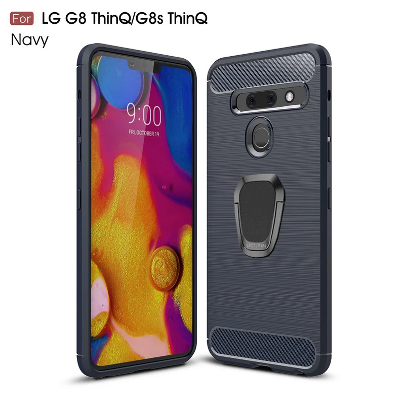 Для LG Q7 Q6 V30 плюс G6 Pro W10 30 Q7 K8 K10 Stylo 5 K40 V40 V50 G8 G8s ThinQ Q Stylus Plus с кольцом-держателем из углеродного волокна Чехол - Цвет: Тёмно-синий