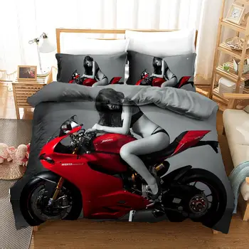 

Sexy Red Motorcycle Girl Bedroom Decor Bedding Set Grey Background 100% Microfibe 1PC Duvet Cover with Pillowcases Free Mask