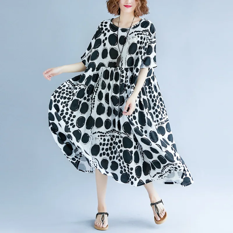 

Women Summer Dress Plus Size Femme Large Vestidos Print Dot Black Red Elegant Lady Casual Loose Linen Long Dresses A829