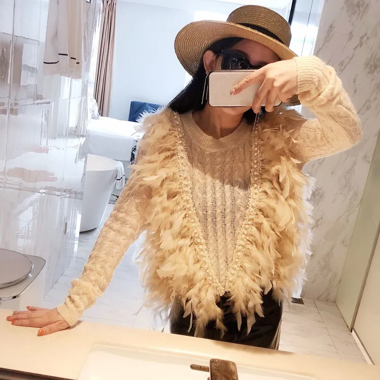 WHITNEY WANG осень мода уличная жемчуг бисер свитер с перьями женский джемпер pull femme sueter mujer invierno