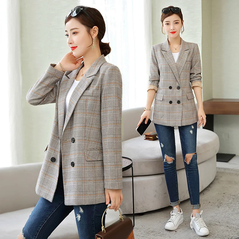 

Plaid Suit Jacket Women's Korean-style 2019 Autumn Clothing New Style Long Sleeve Casual Women's Retro Pattern CHIC Suit