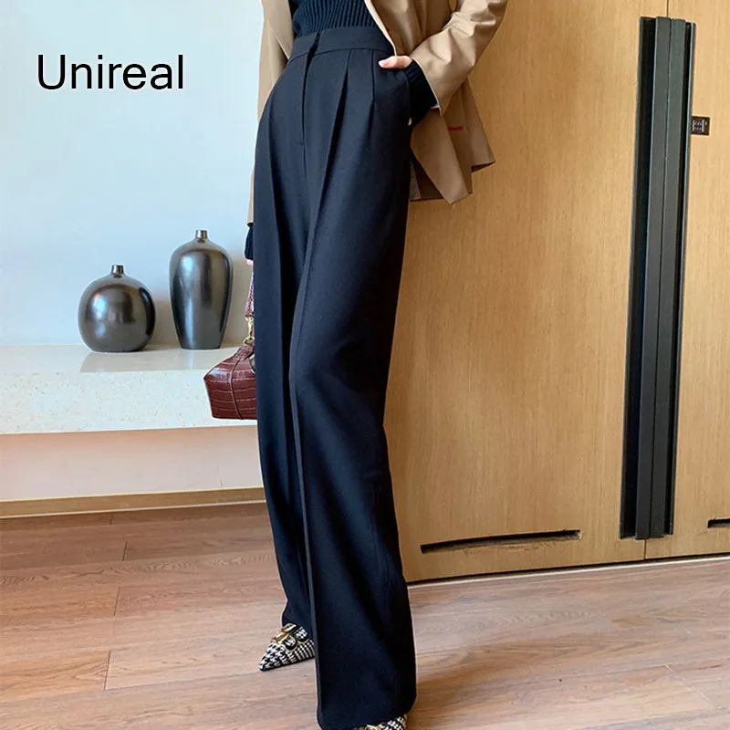 

Unireal 2022 Autumn Women Wide Leg Pants High Waist Casual Trousers Streetwear Office Lady Suit Black Blazer Pants