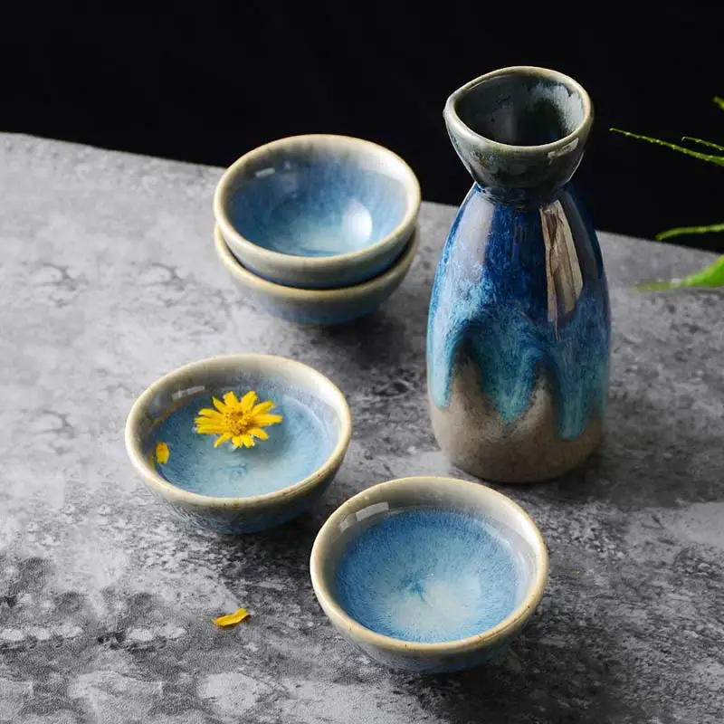 5Pcs Retro Japanese Sake Set Ceramic Flagon Liquor Cup 1 Pot 4 Cups Home Bar Sake White Wine Pot Creative Drinkware Gifts ceramic sake set