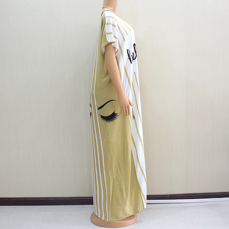 Африканское Дашики новейшее поступление Модное Длинное платье с коротким рукавом и О-образным вырезом в желтую полоску с принтом для женщин