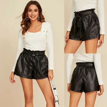 

2020 Summer Women Shorts Ladies High Waist PU Leather Loose Short Trousers With Belt Streetwear Womens Office Lady Ruffle Shorts