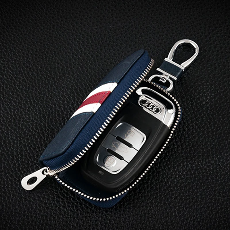 Fashion Colorful Stripes Leather Key Bag Universal Key Case for Car Keychain Men Women Wallet Mini Zipper Purse Holder Key Case