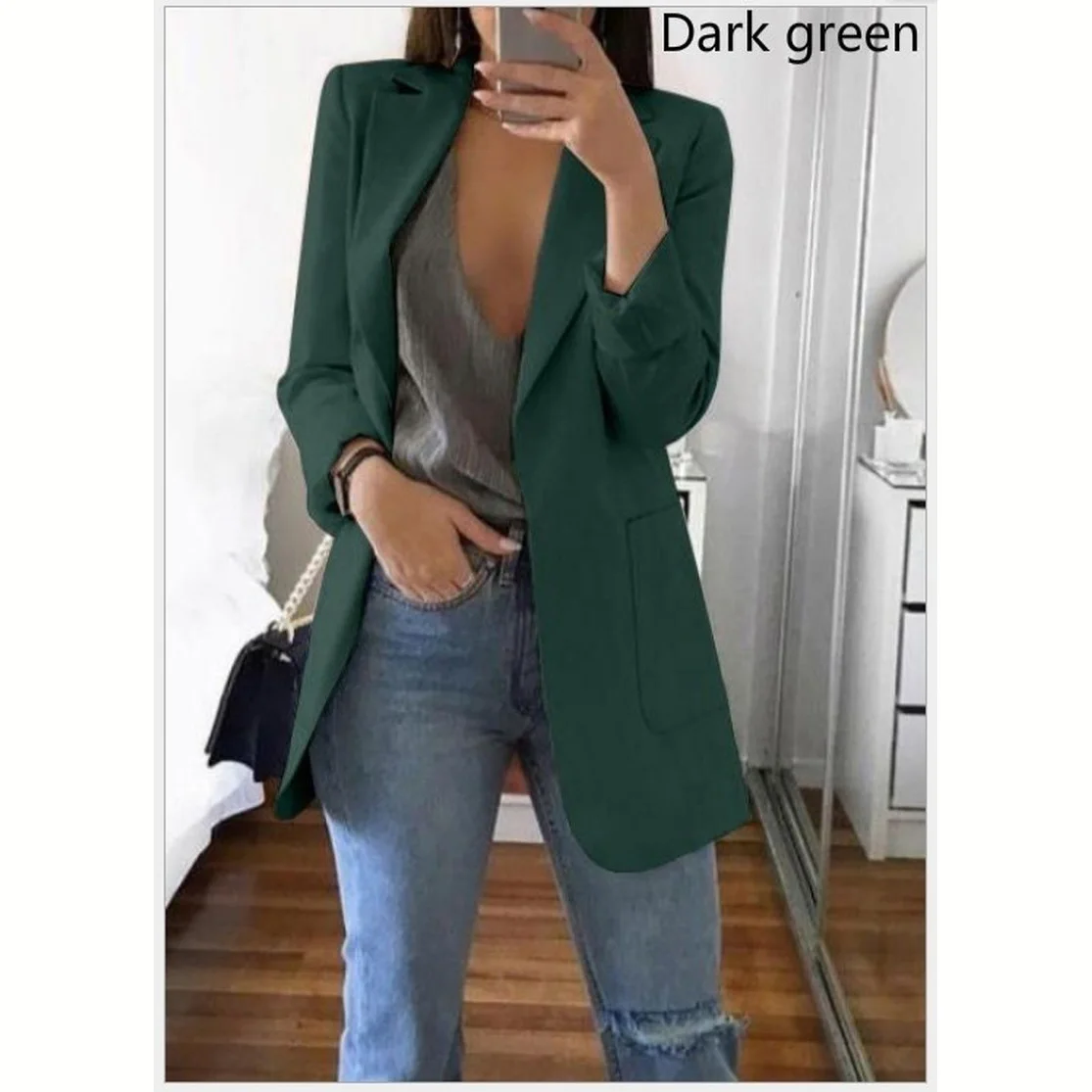 Dark green Модный тонкий кардиган с отворотом, темпераментный пиджак, Женский Повседневный однотонный прямой женский пиджак - Цвет: Dark green