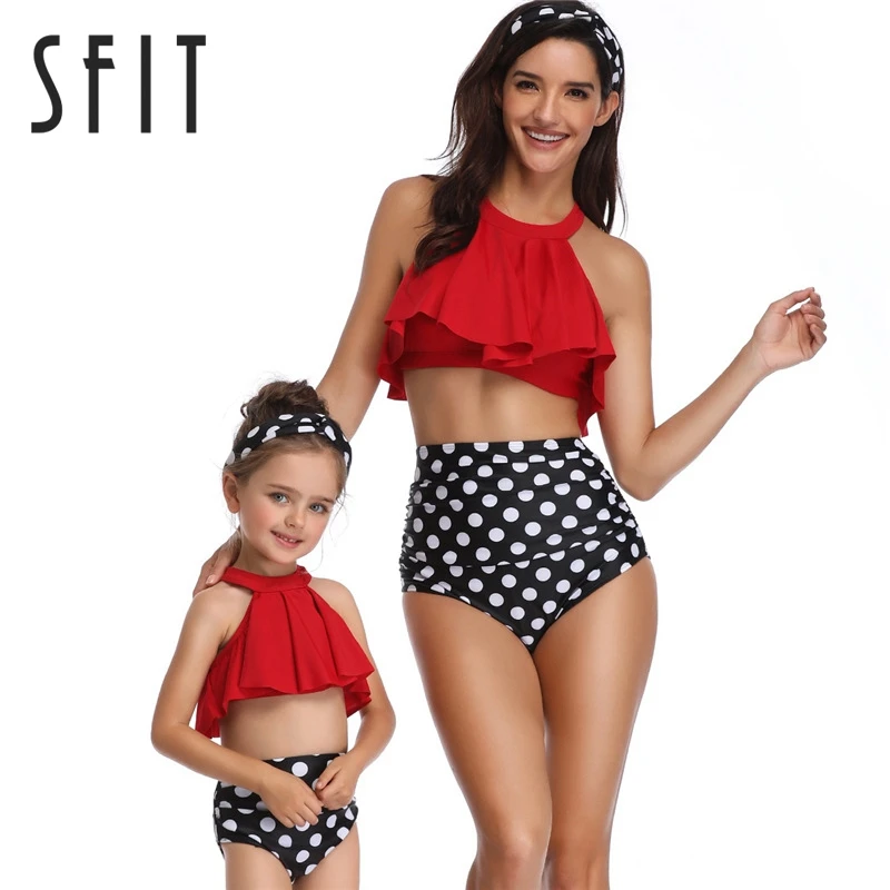 

Sfit Fashion New Dot And Ruffled Halter Mother Children Bikini Suit High Waist Beach Bathing Swimwear Matching Family Swimsuit