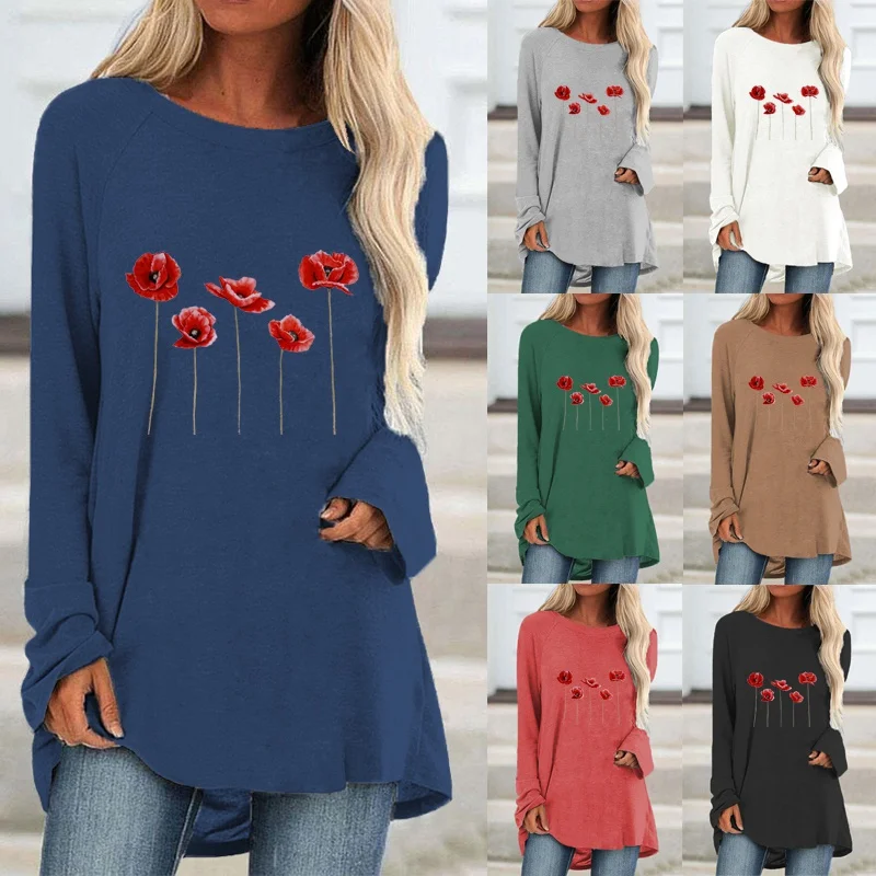 

Autumn and Winter Solid Color Fashion Printing Women Clothing Graphic Tee Long Sleeve Elegent Round Neck Casual Tops XS-5XL