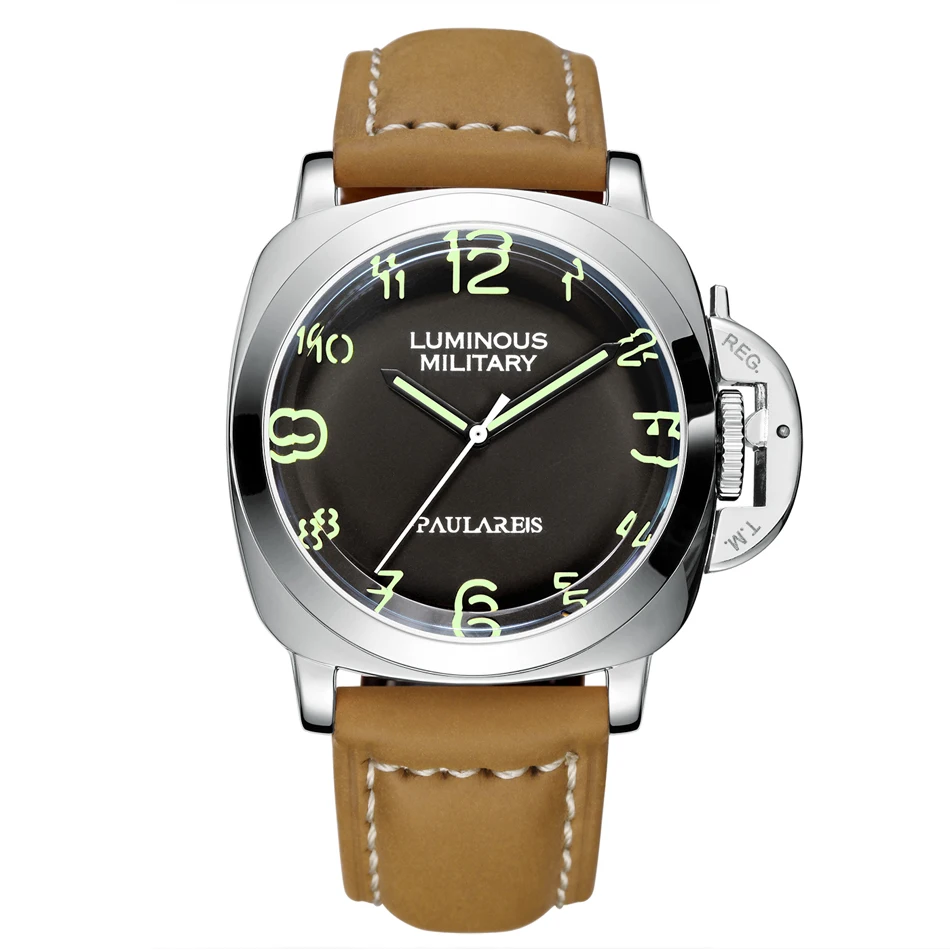 Men Automatic Self Wind Mechanical Genuine Brown Leather Strap Yellow Green Military Luminous 44mm Luxury Rose Gold Watch - Цвет: Silver Green