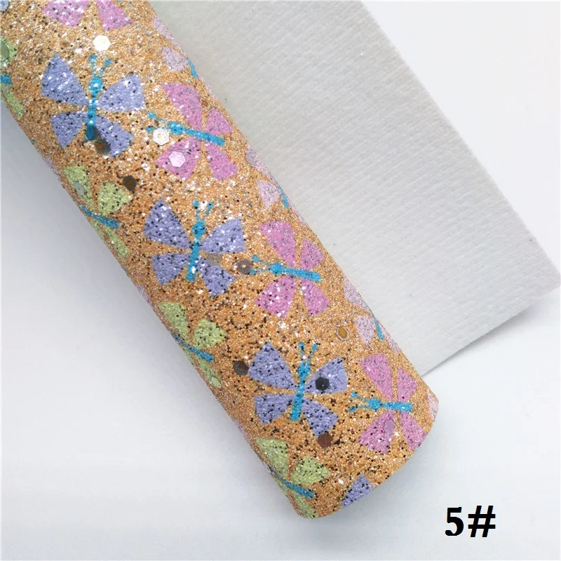 Glitterwishcome 21X29CM A4 Size Butterfly Printed Glitter Fabric Leather, Faux PU Leather fabric Vinyl for Bows, GM602A - Цвет: 5