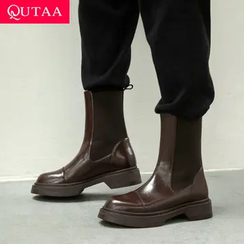 

QUTAA 2021 Square Heel Autumn Winter Short Boots PU Leather Fashion Mid Calf Boots Round Toe Slip On Women Shoes Size 34-39