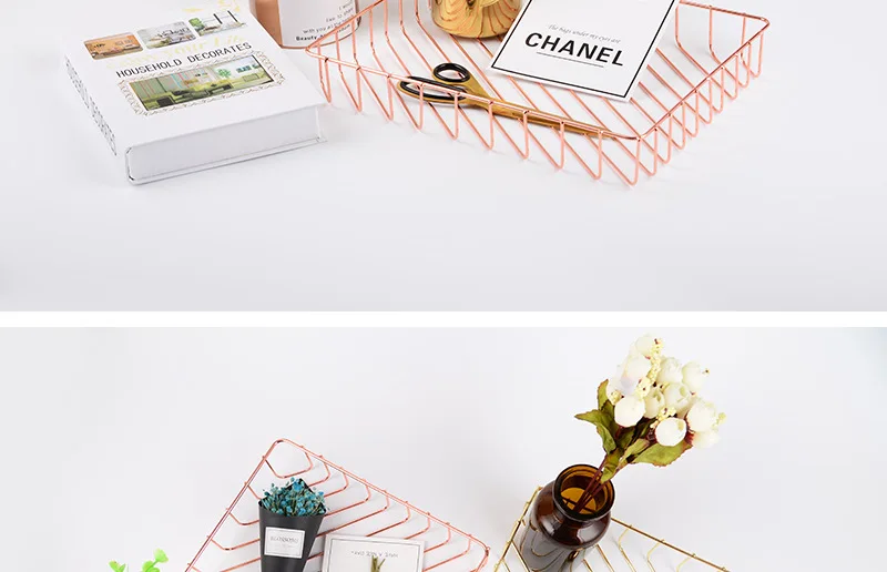 Nordic style Danish ins gold A4 storage basket Rose gold wrought iron storage basket Desktop fruit finishing