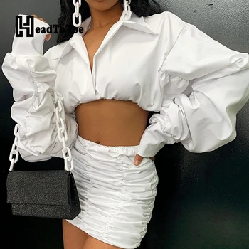 

Solid Elegant Turn Down Collar Long Sleeve Crop Blouse Shirt Tops & Sexy Ruched Mini Skirts Set Women 2 Piece Set Outfits