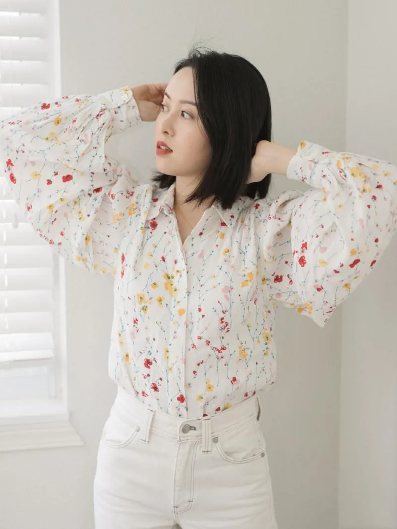

100% Silk Women Blouse Shirt Flower Printed Loose Ladies Sweet Long Sleeve Top Turndown Collar With Buttons
