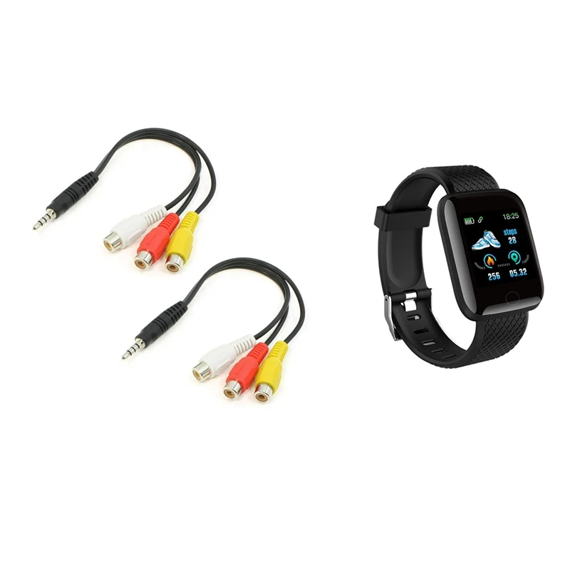 2Pcs 3 RCA Female Audio/Video Connector to 3.5mm Jack Plug Adapter Cable with Color Screen 116Plus Smart Watch 