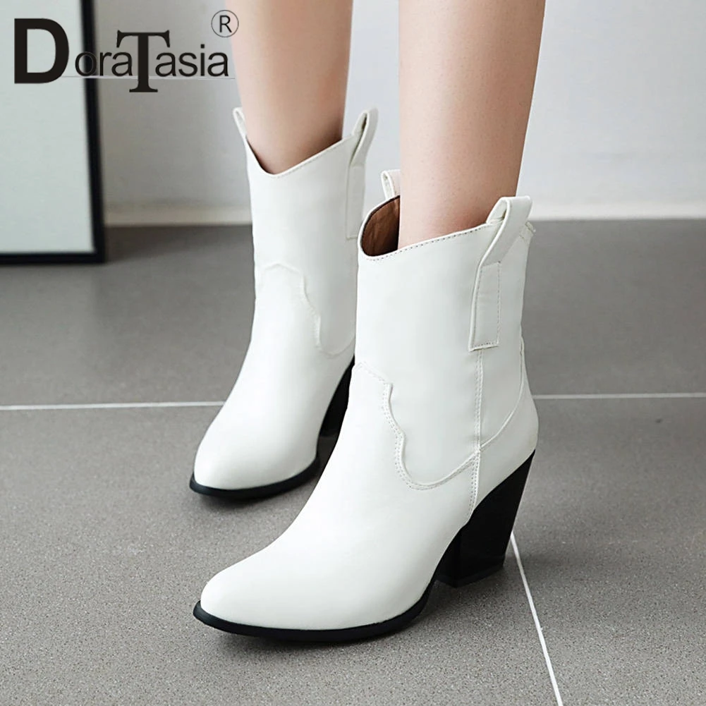 

DORATASIA Fashion Brand Lady Western Boots Casaul Office Slip On Boots Women Chunky Heels Pointed Toe Black Shoes Woman