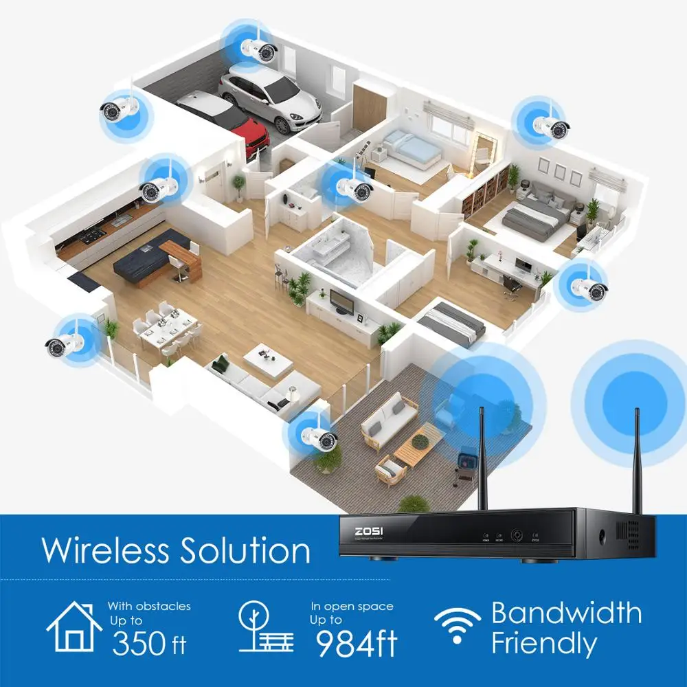ZOSI 8CH Wireless CCTV System H.265 1080P NVR 2MP IR-CUT Outdoor Video Recorder Camera IP Security System Video Surveillance Kit